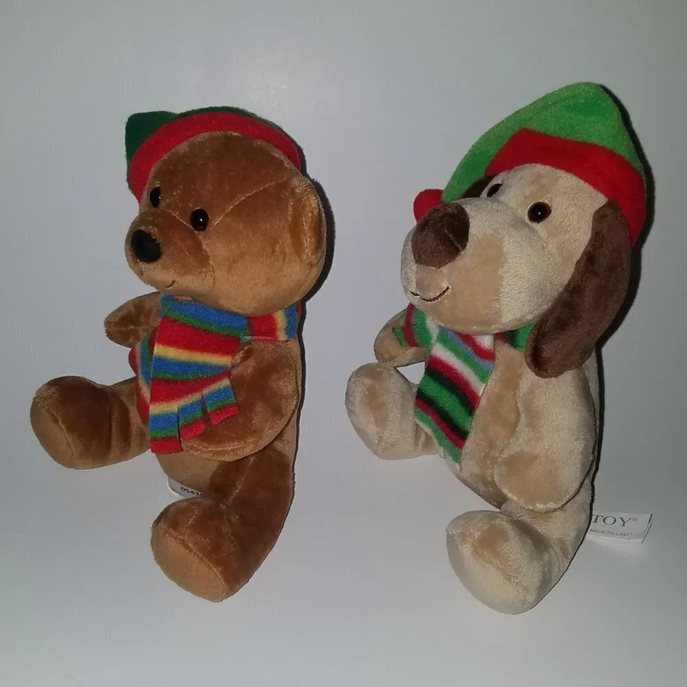 2 Caltoy Christmas Plush Lot Puppy Dog Teddy Bear Stuffed Toys Scarf Santa Hat